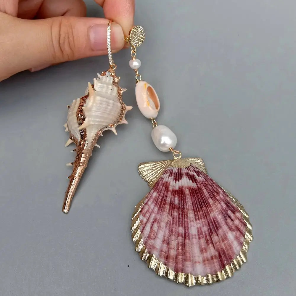 Natural Sea Shell White Rice Pearl Asymmetric Dangle Stud Earrings