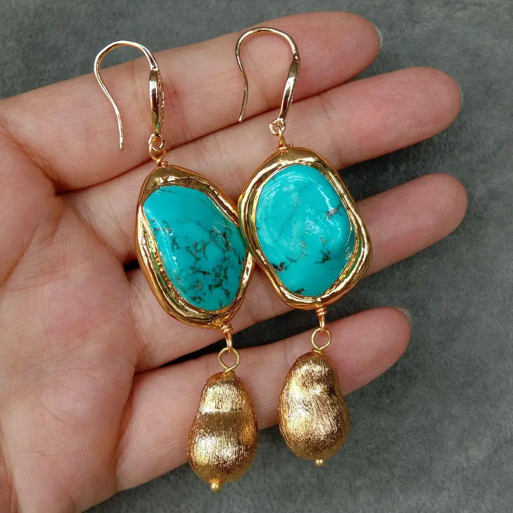 Blue Turquoise Freeform Shape Gold Plated Brushed Bead Dangle Hook Earrings