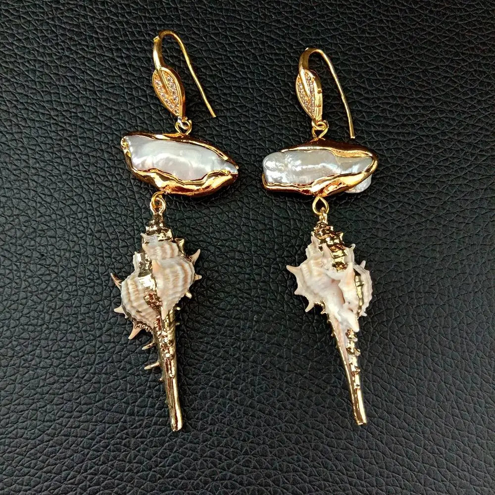 Yellow gold color Plated White Biwa Pearl Sea Snail shell drop dangle Earrings punk style for women