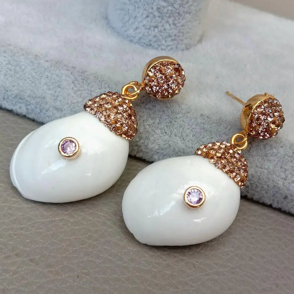 20x32MM Natural White Shell Lavender drop Cubic Zirconia  micro pave Stud Earrings cute style for women