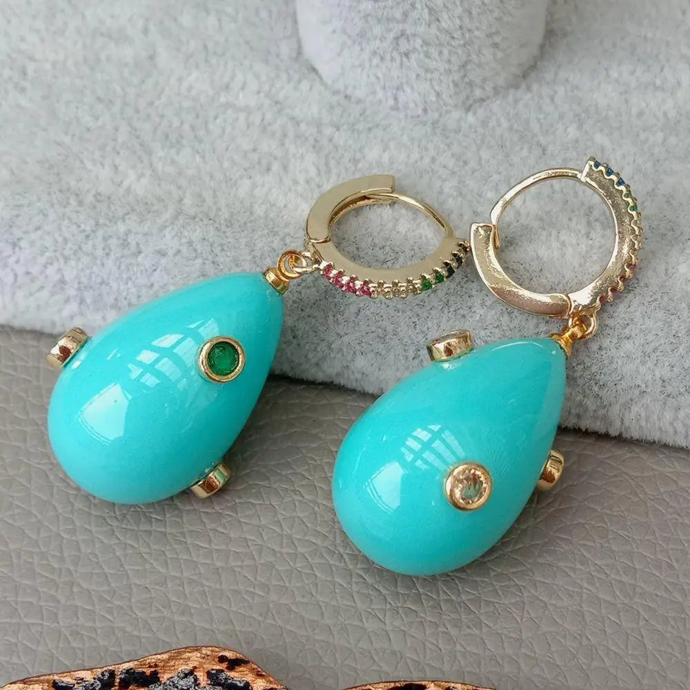 Teardrop Blue Sea Shell Pearl Mixed color Cubic Zirconia Pave gold color plated hoop Earrings cute style for women jewelry