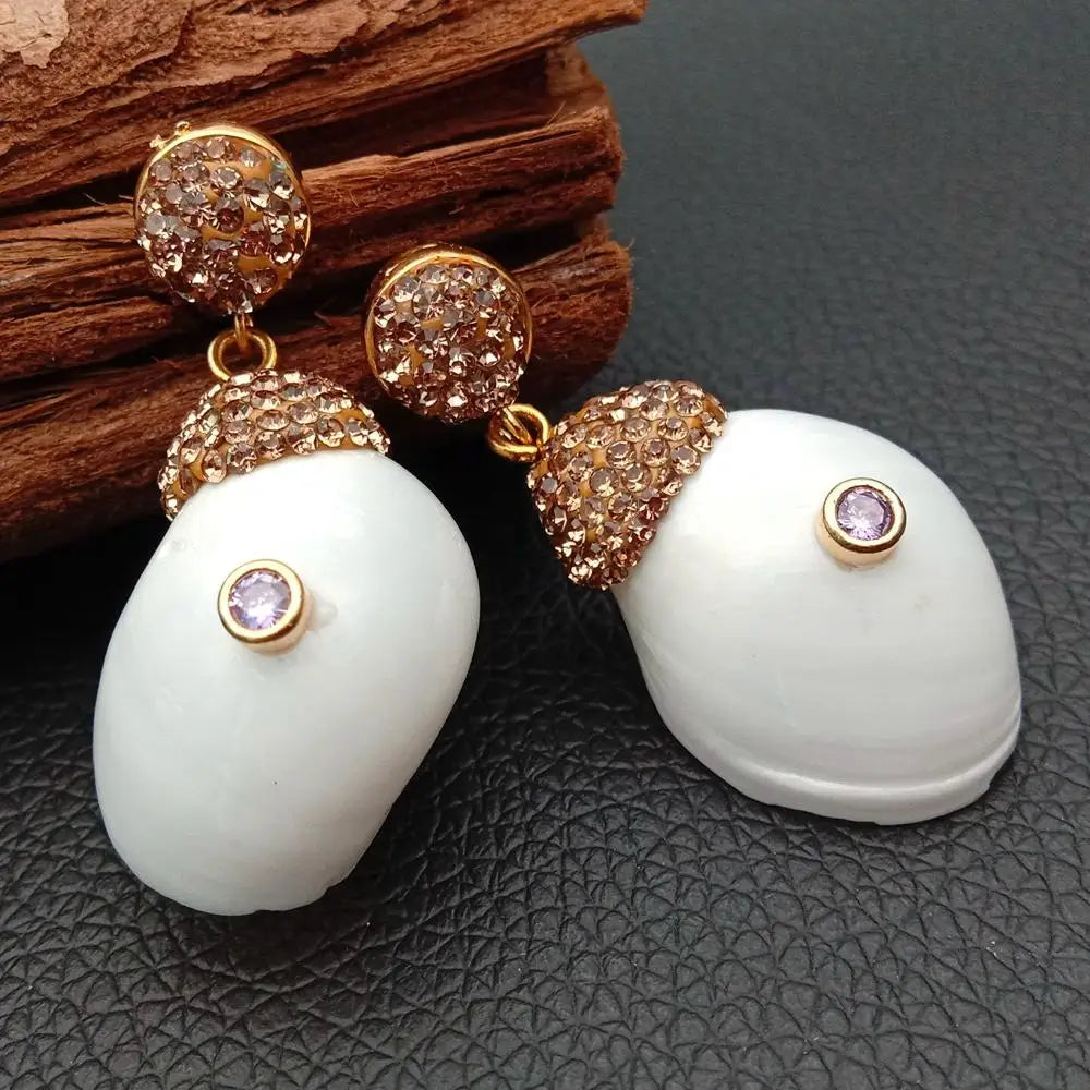20x32MM Natural White Shell Lavender drop Cubic Zirconia  micro pave Stud Earrings cute style for women