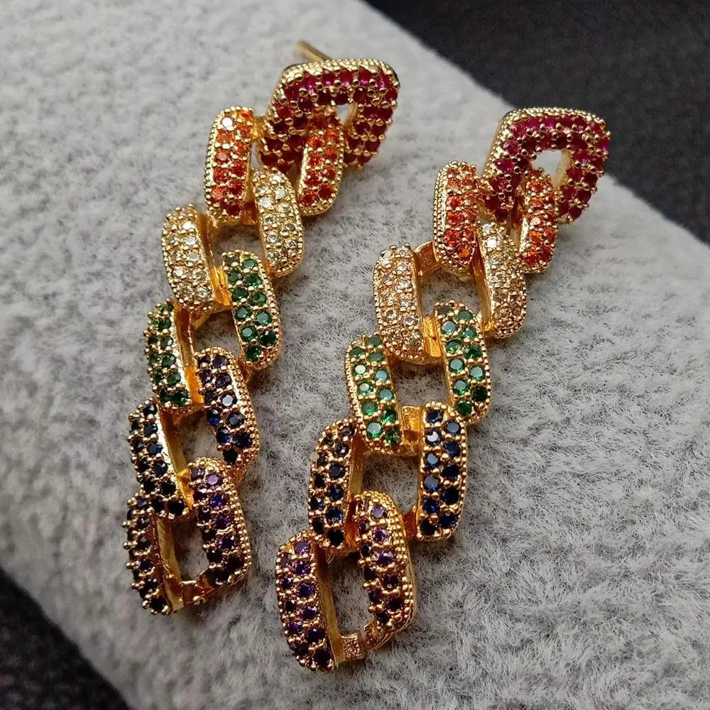 Multi Color Cubic Zirconia micro Pave square Chain Link Drop Stud Earrings  Gold Color plated luxury style for women