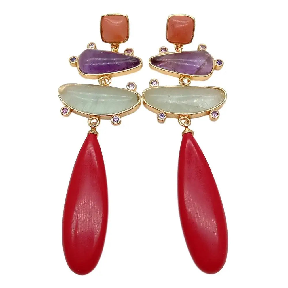 Red Turquoises teardrop Natural  Prehnites Amethysts Cz pave gold color plated  stud Earring