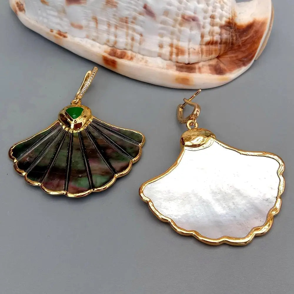 Natural Black Shell Carved Mother Of Pearl Green Agate Ginkgo Leaves Charm Dangle Earrings Cz Pave Lever Back
