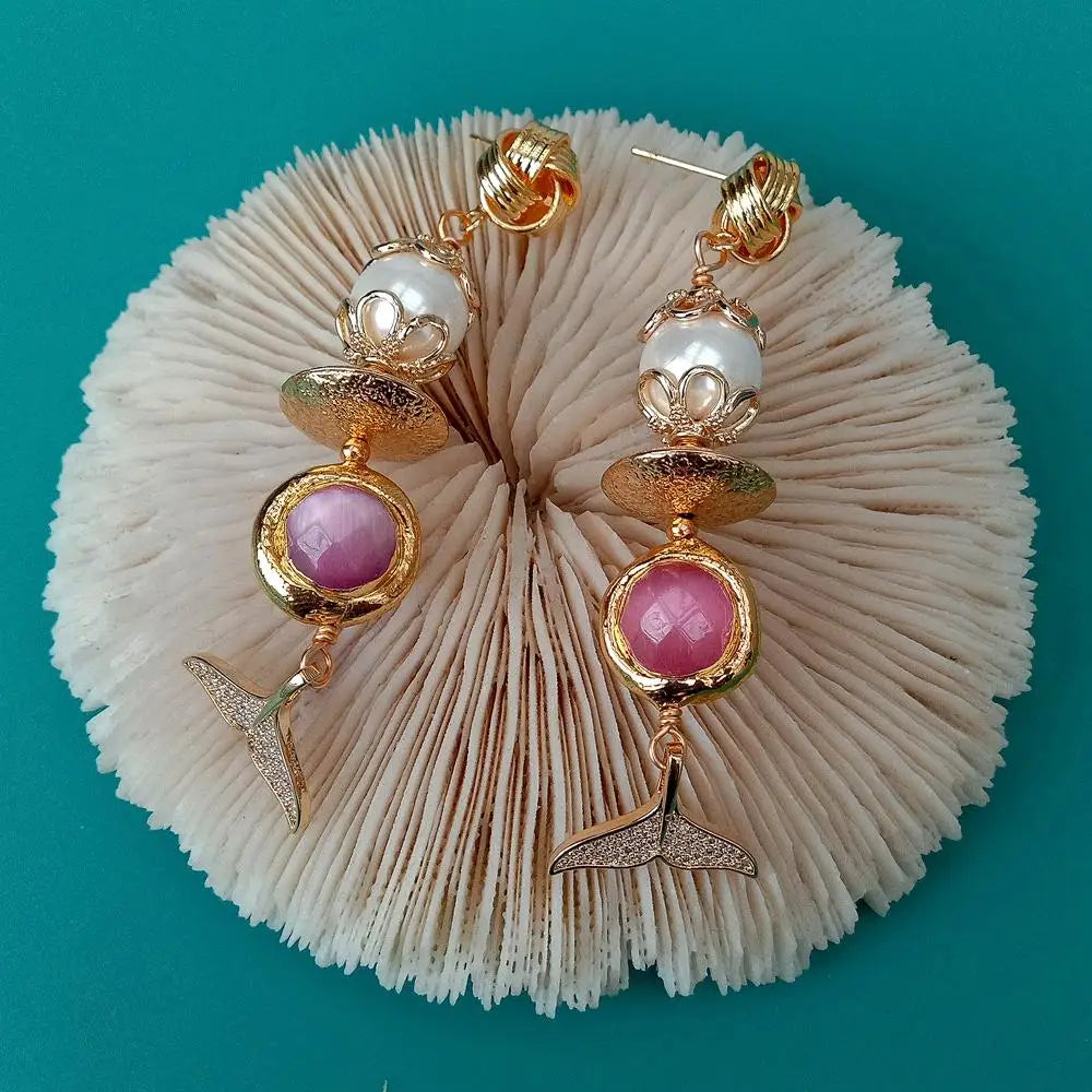 White Sea Shell Pearl Pink Cat Eye Cz Pave Fish Tail Drop Stud Earrings