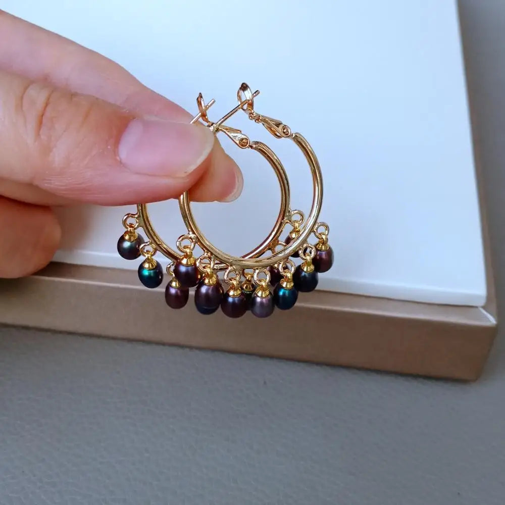 Freshwater Culture Black Rice Pearl Gold color Plated Hoop Earrings luxury jewelry women gift birthday