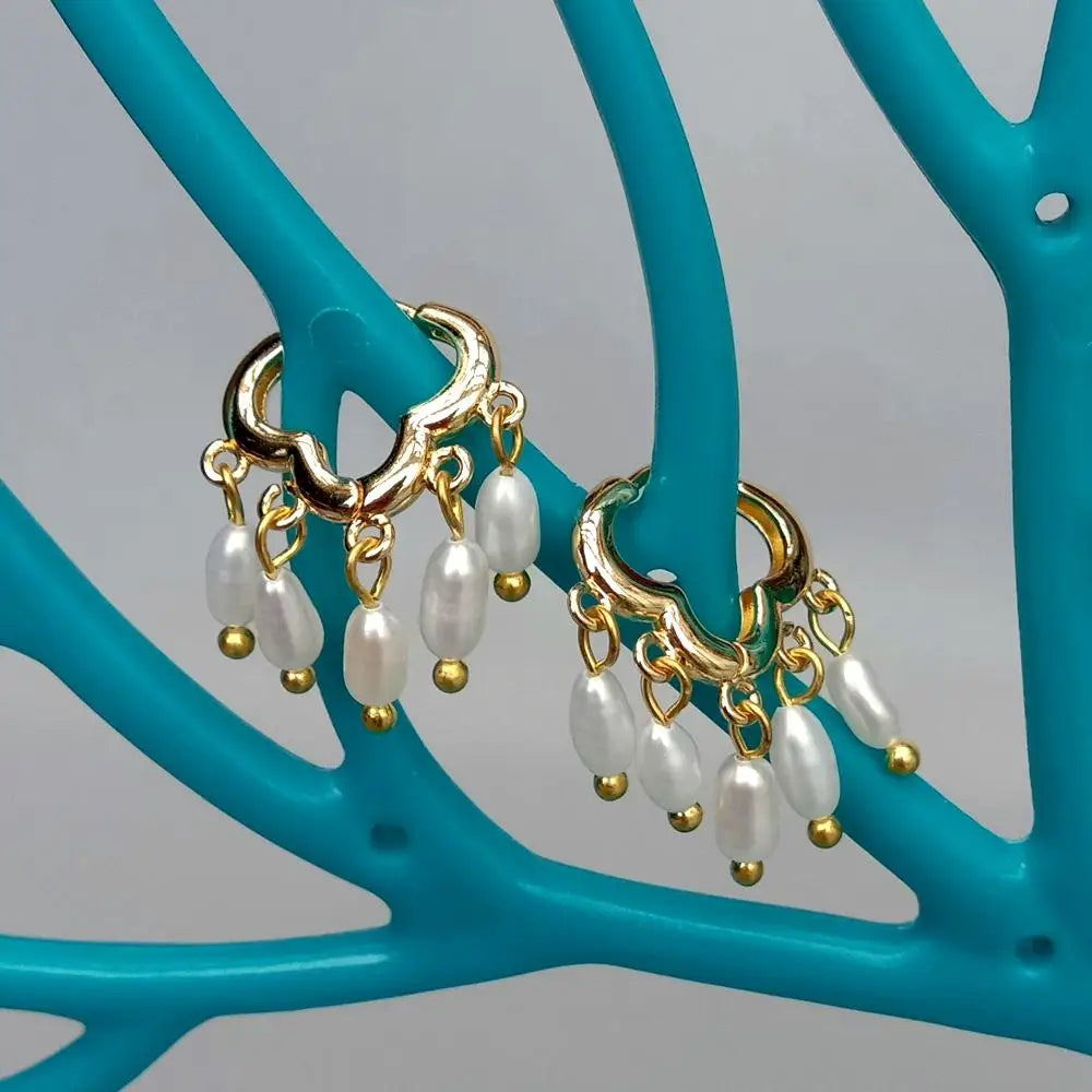 Natural Freshwater Cultured White Rice Pearl Cloud Gold plated  Hoop Earrings