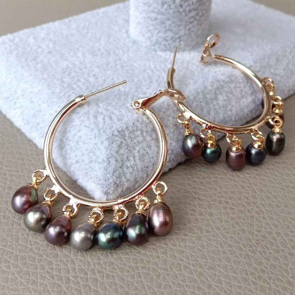 Freshwater Culture Black Rice Pearl Gold color Plated Hoop Earrings luxury jewelry women gift birthday