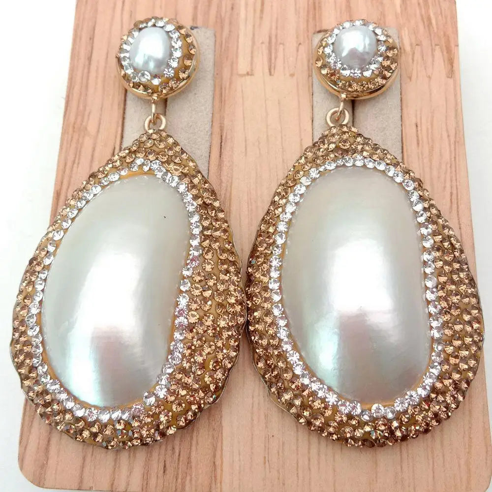 33x45MM White Mother Of Pearl Freshwater White Pearl Stud Earrings cz pave Women Fashion Jewelry Wedding Gift Wholesale