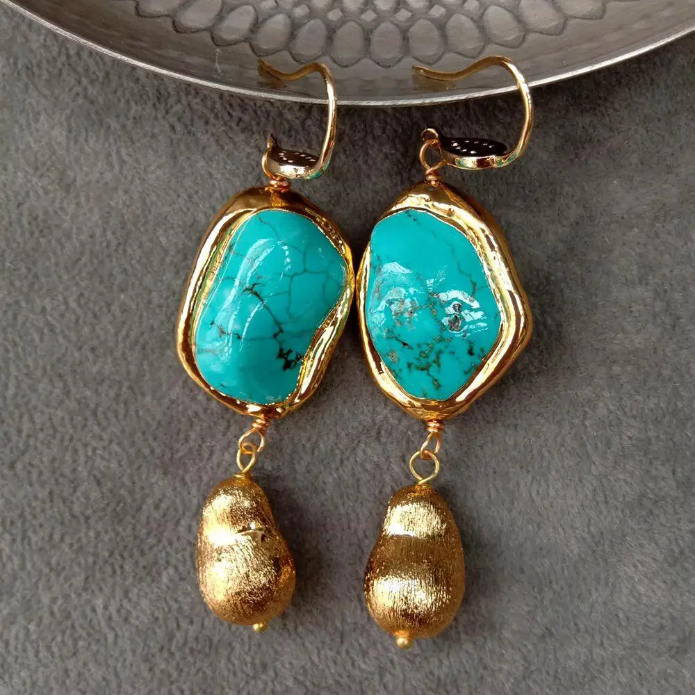 Blue Turquoise Freeform Shape Gold Plated Brushed Bead Dangle Hook Earrings