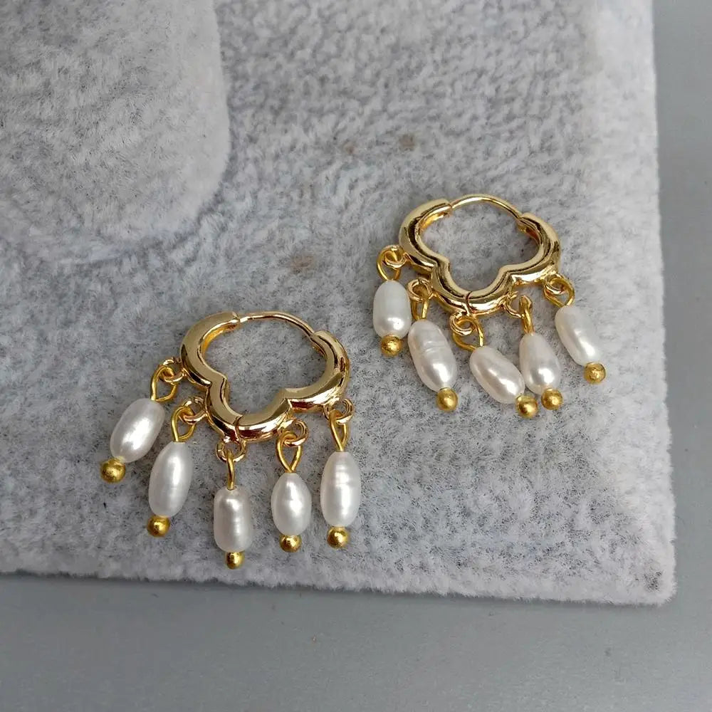 Natural Freshwater Cultured White Rice Pearl Cloud Gold plated  Hoop Earrings