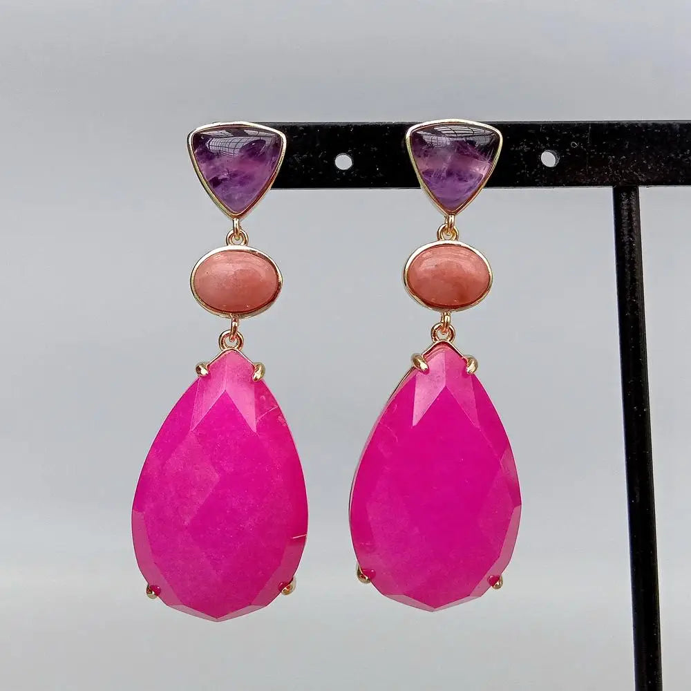 Fuchsia Jade Amethyst Red Aventurine Bezel Set Gemstone Dangle Earrings