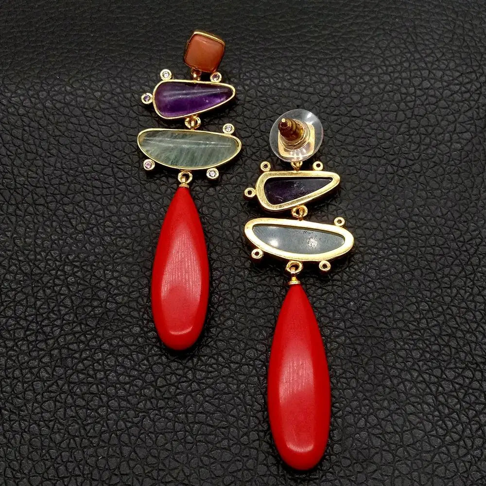 Red Turquoises teardrop Natural  Prehnites Amethysts Cz pave gold color plated  stud Earring