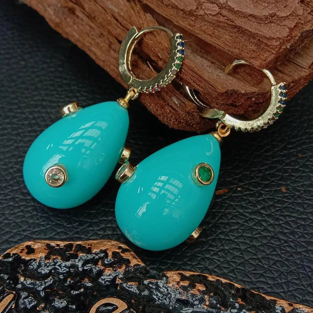 Teardrop Blue Sea Shell Pearl Mixed color Cubic Zirconia Pave gold color plated hoop Earrings cute style for women jewelry