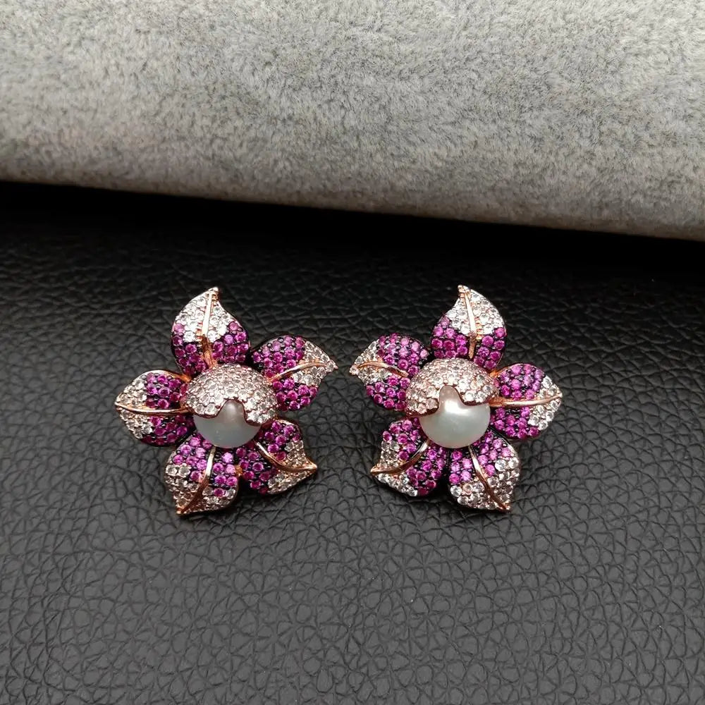 Cubic Zirconia micro Pave Pearl Earrings White freshwater Pearl Rose Gold  color Plated Cz Flower Stud Earrings cute for women