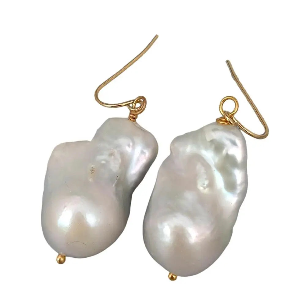 Cultured Freshwater White Baroque Keshi Pearl Dangle Hook Earrings