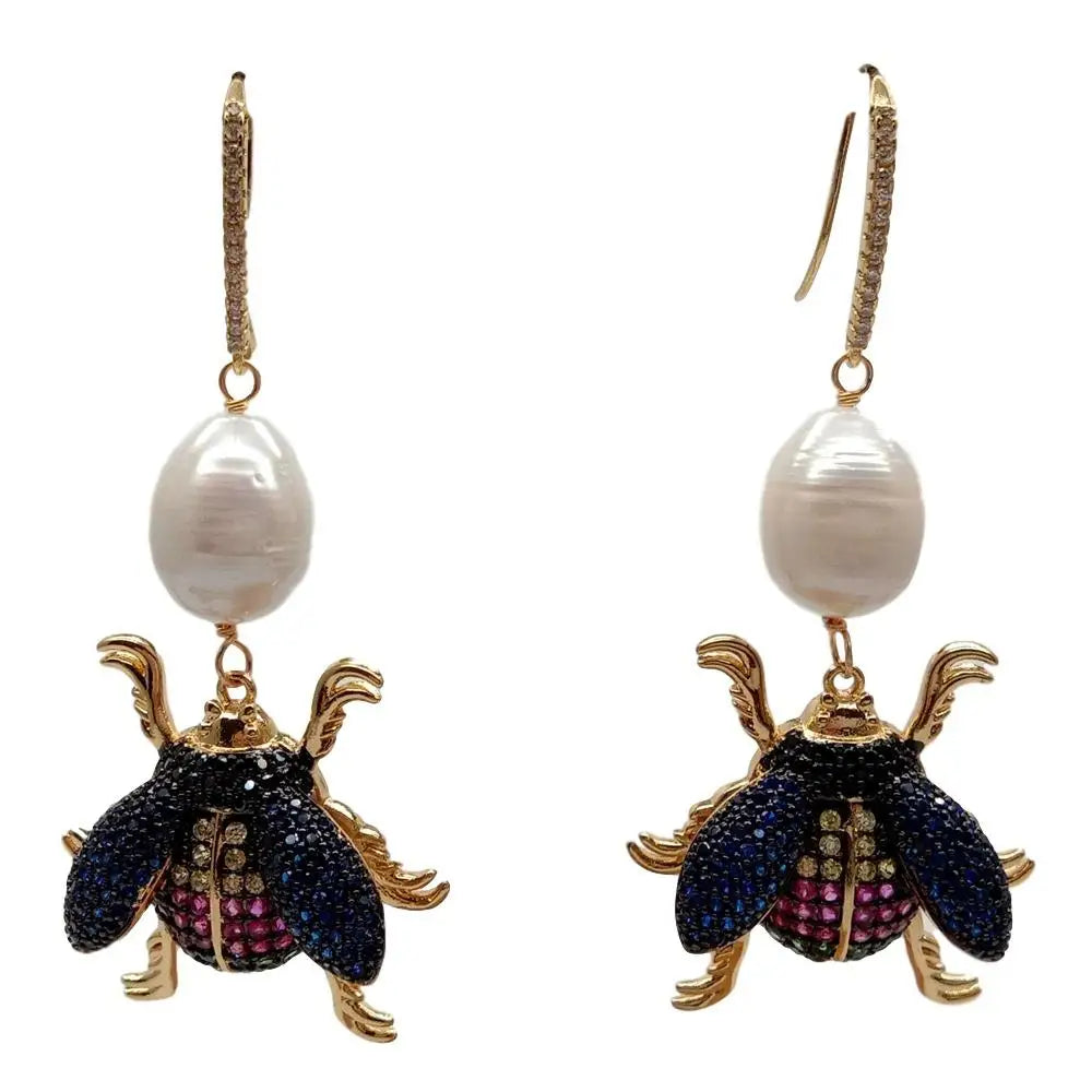 Natural Cultured White Rice freshwater Pearl Insect Cz Pave Hook Dangle Earrings  vintage style for women