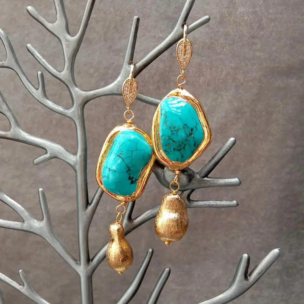 Blue Turquoise Freeform Shape Gold Plated Brushed Bead Dangle Hook Earrings