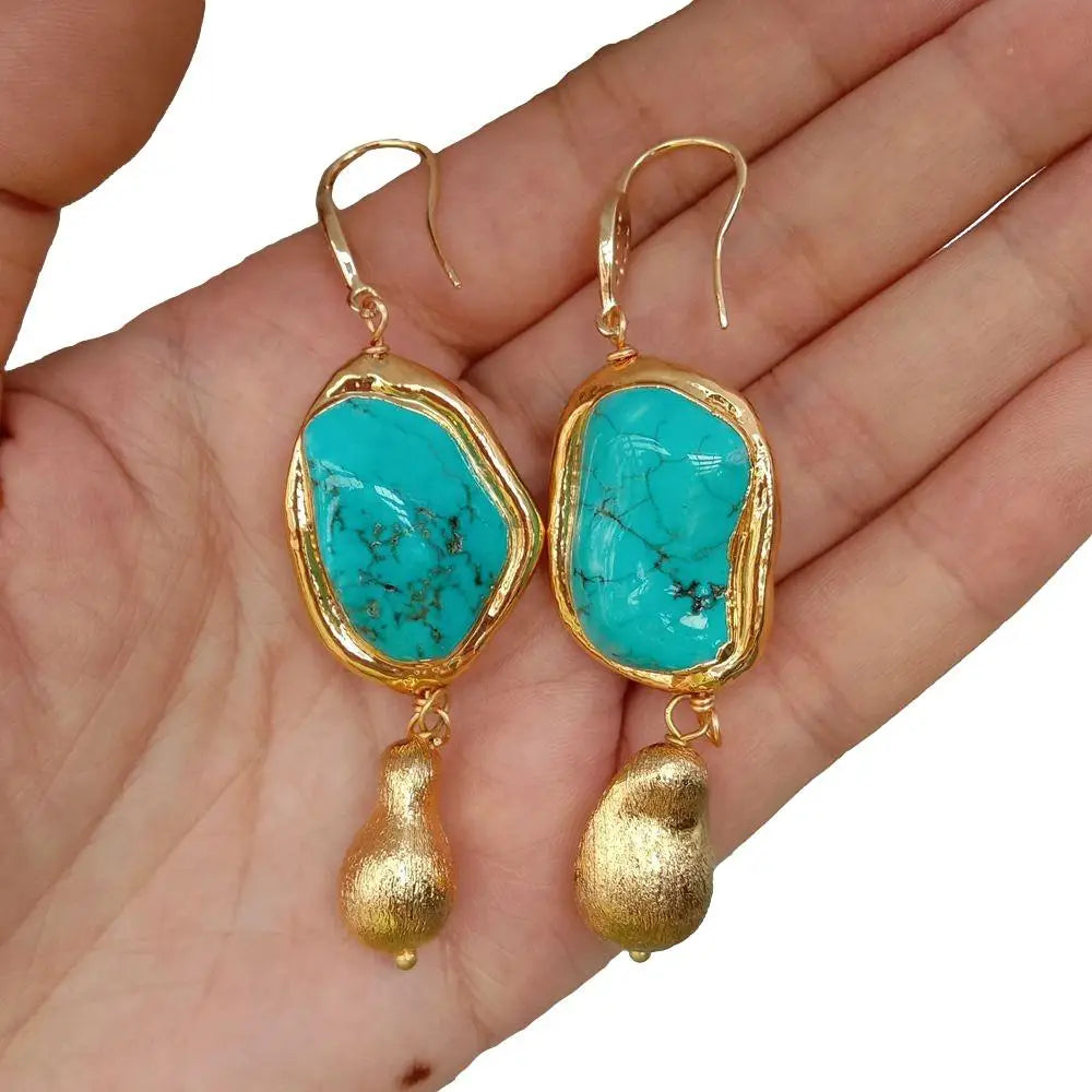 Blue Turquoise Freeform Shape Gold Plated Brushed Bead Dangle Hook Earrings
