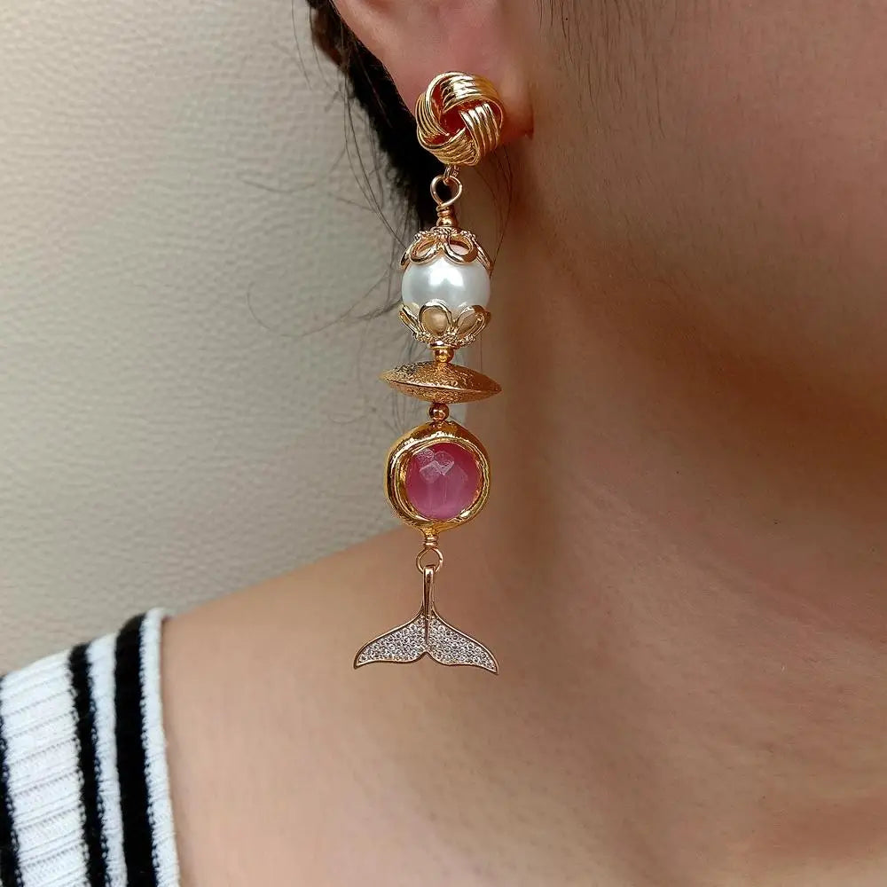 White Sea Shell Pearl Pink Cat Eye Cz Pave Fish Tail Drop Stud Earrings