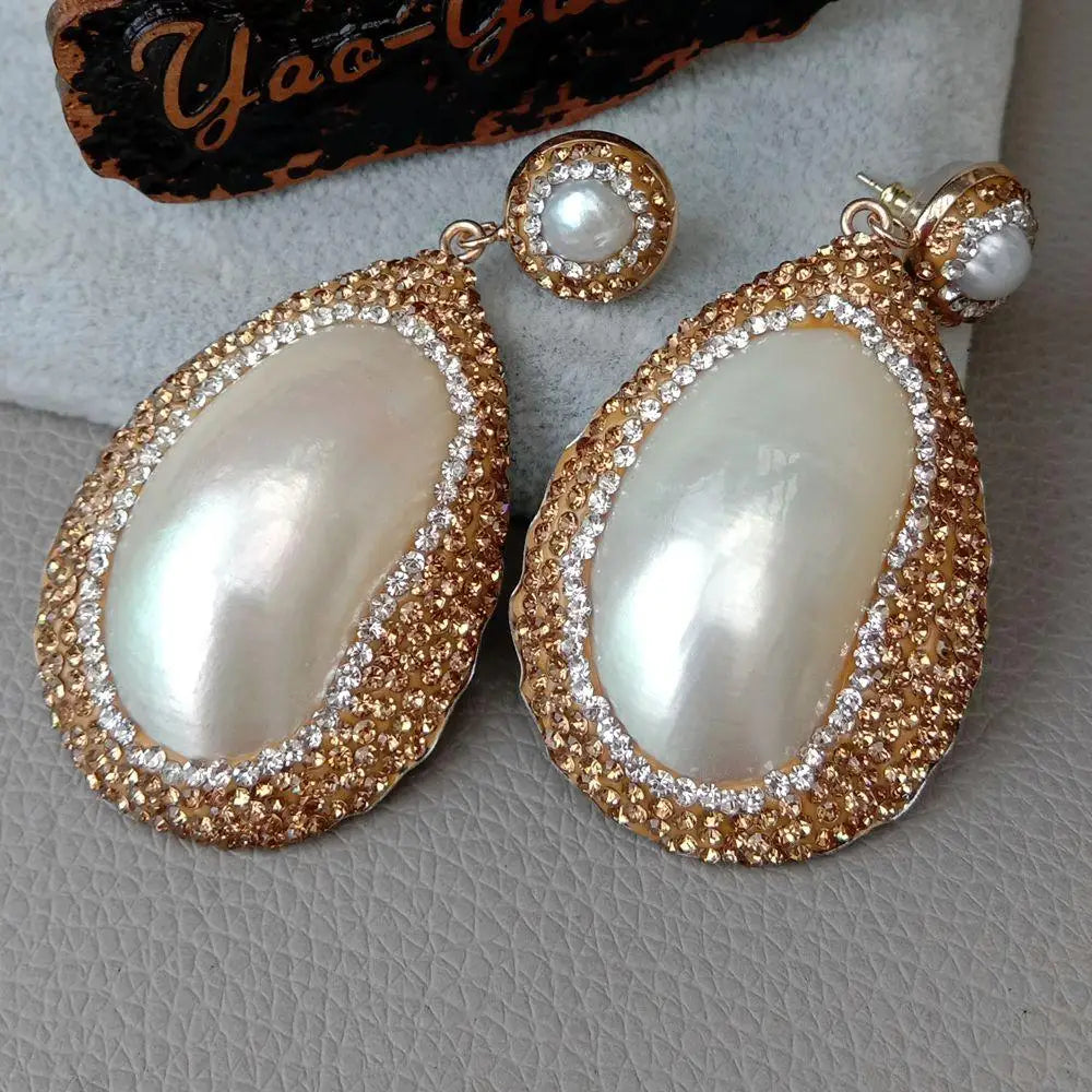 33x45MM White Mother Of Pearl Freshwater White Pearl Stud Earrings cz pave Women Fashion Jewelry Wedding Gift Wholesale