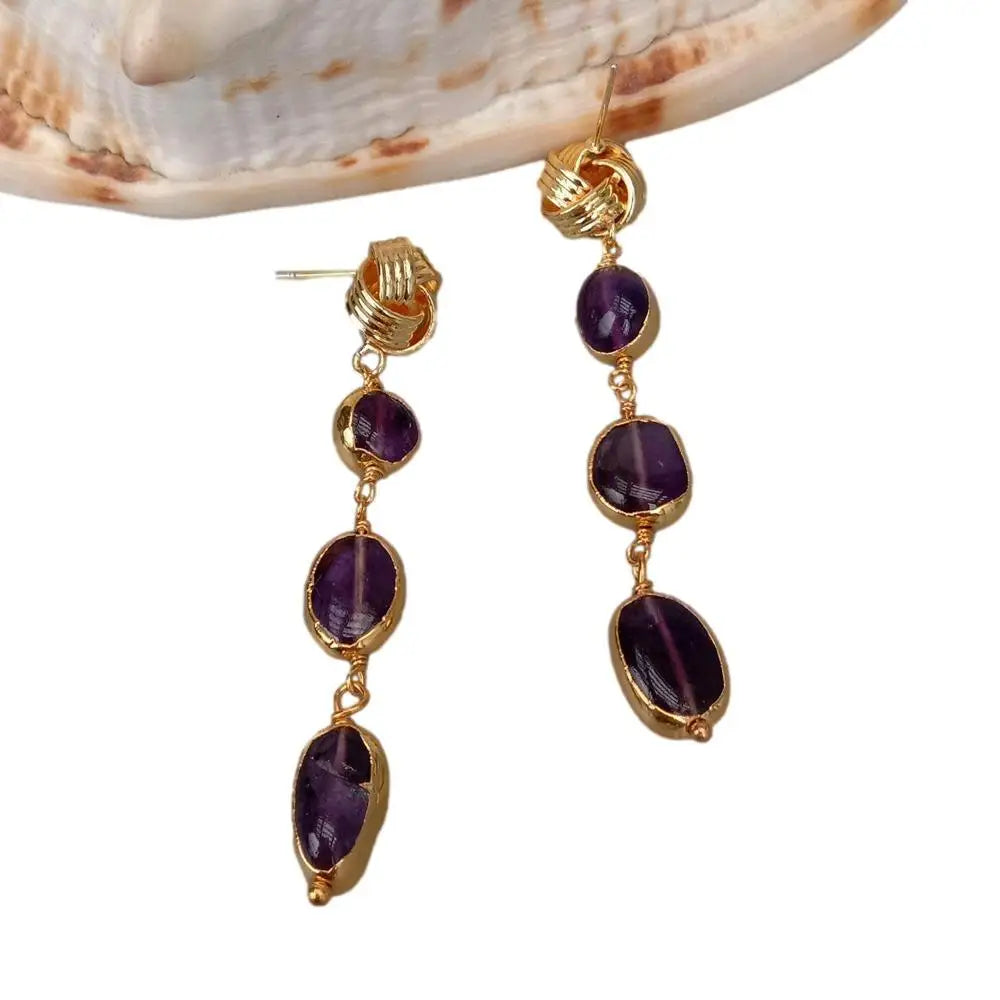 Natural Purple Amethyst Freeform With Electroplated Dangle Earrings
