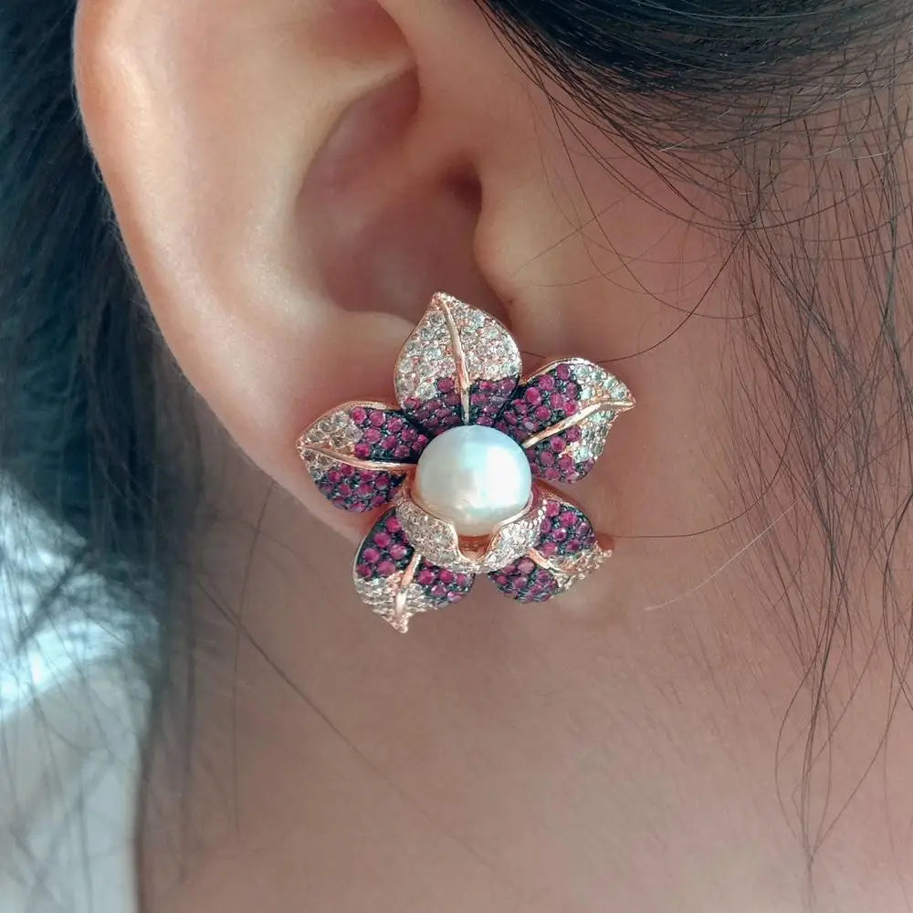 Cubic Zirconia micro Pave Pearl Earrings White freshwater Pearl Rose Gold  color Plated Cz Flower Stud Earrings cute for women