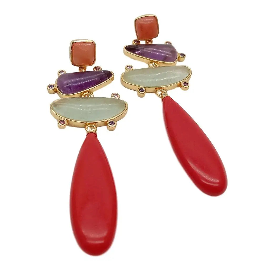 Red Turquoises teardrop Natural  Prehnites Amethysts Cz pave gold color plated  stud Earring