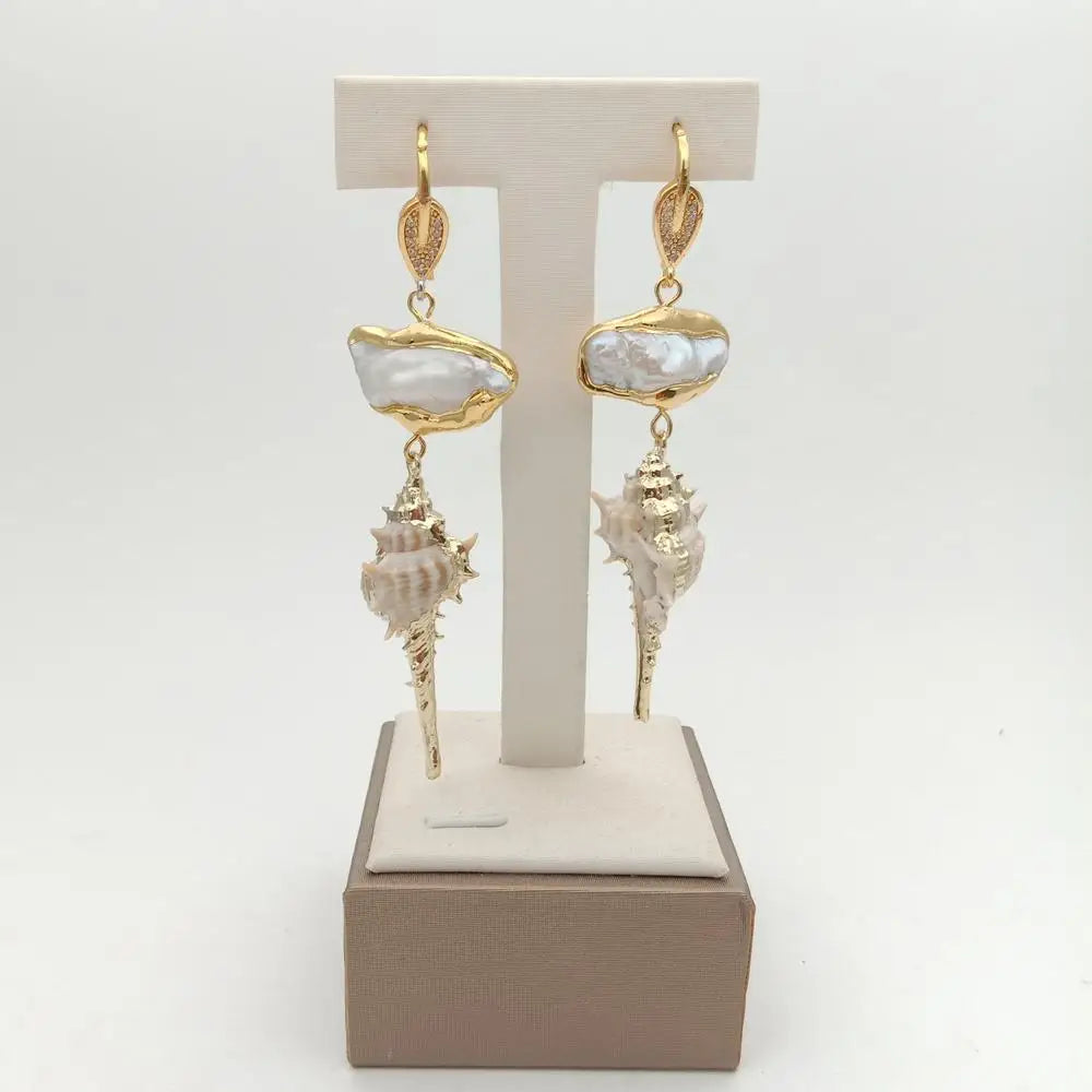 Yellow gold color Plated White Biwa Pearl Sea Snail shell drop dangle Earrings punk style for women