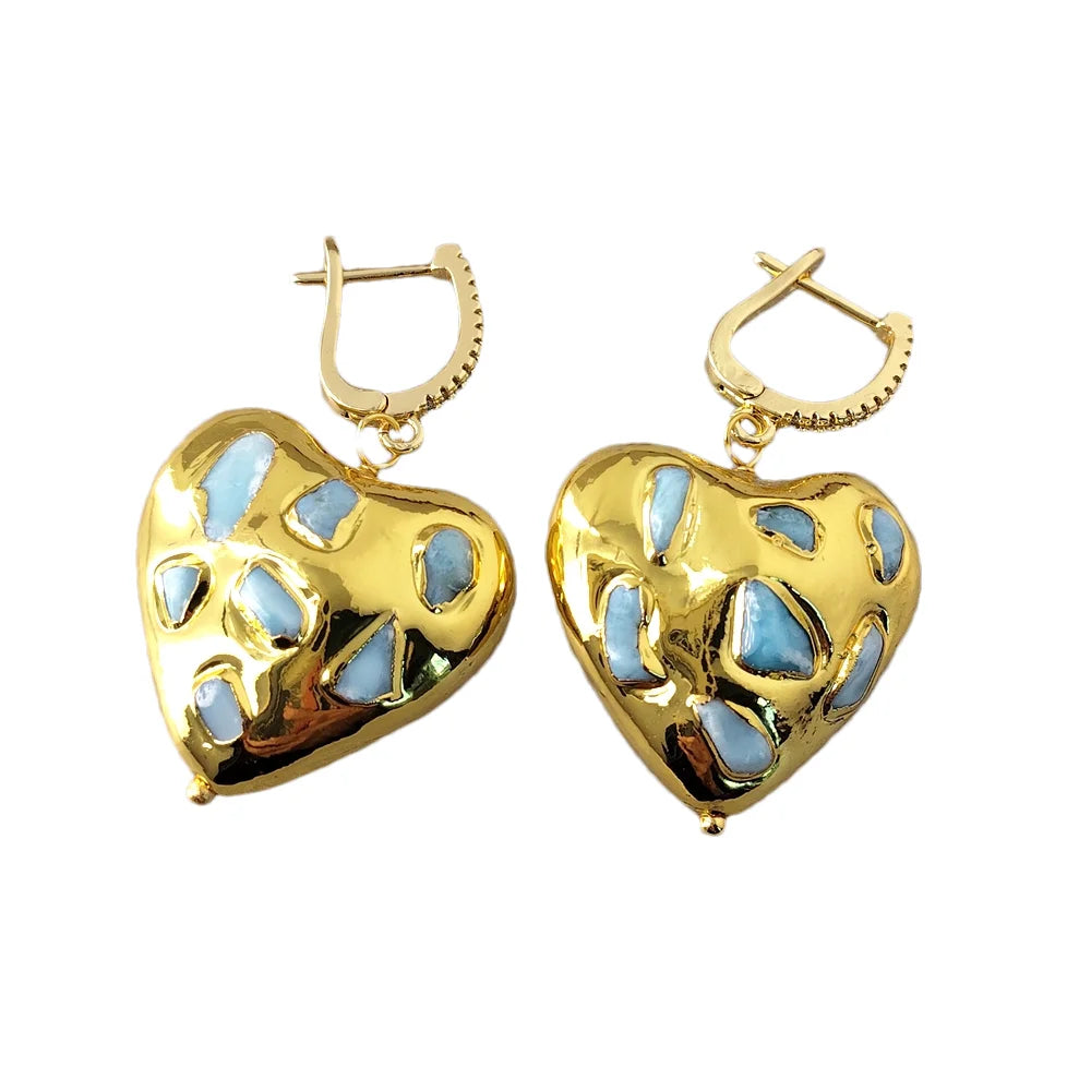 Natural Gemstone Blue Larimar Heart Metal Plated Drop Lever Back Earrings Handmade Jewelry