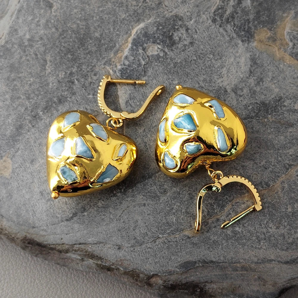Natural Gemstone Blue Larimar Heart Metal Plated Drop Lever Back Earrings Handmade Jewelry