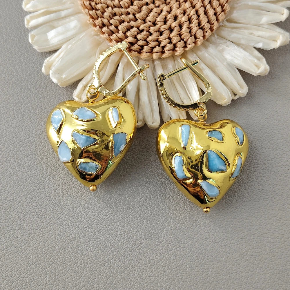 Natural Gemstone Blue Larimar Heart Metal Plated Drop Lever Back Earrings Handmade Jewelry