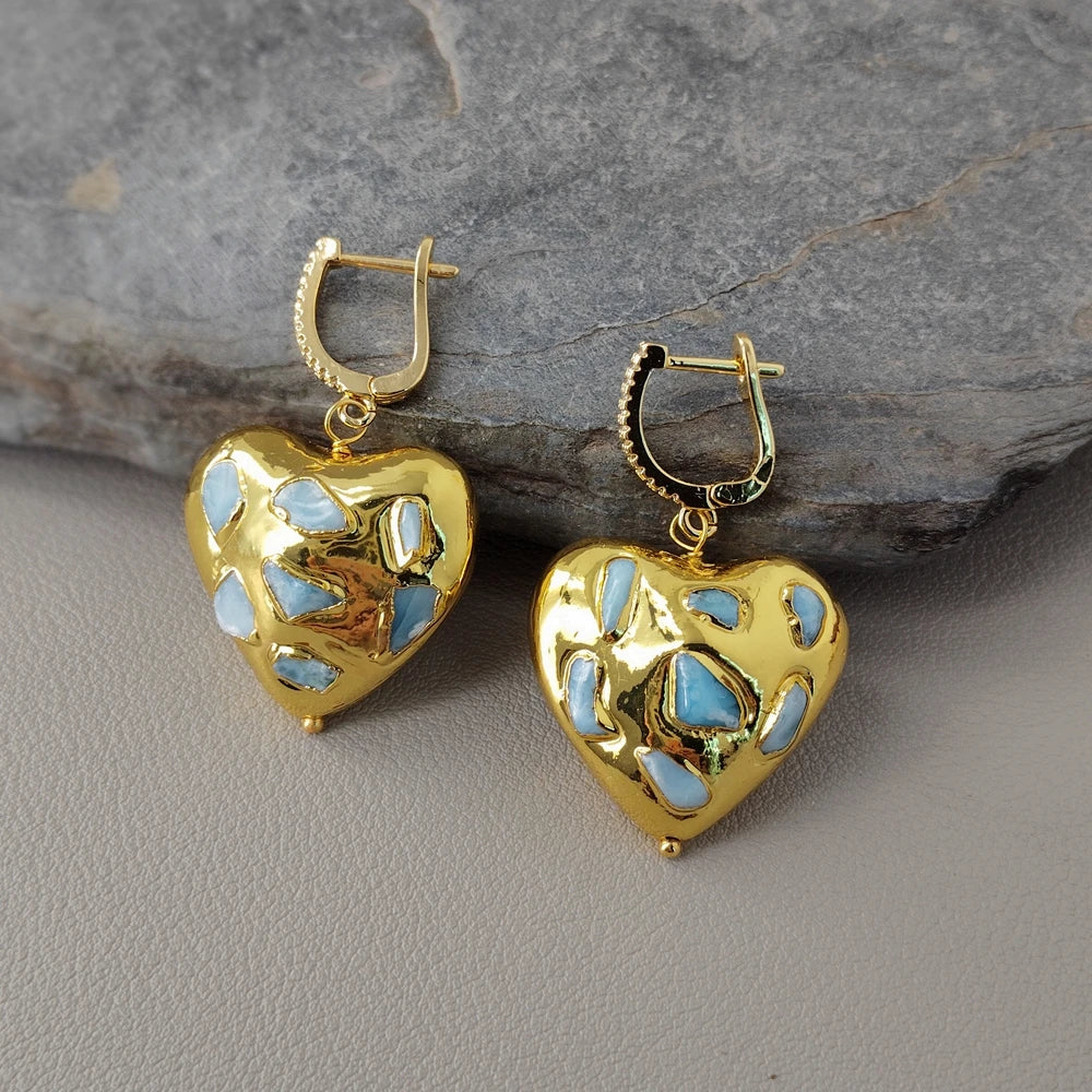 Natural Gemstone Blue Larimar Heart Metal Plated Drop Lever Back Earrings Handmade Jewelry