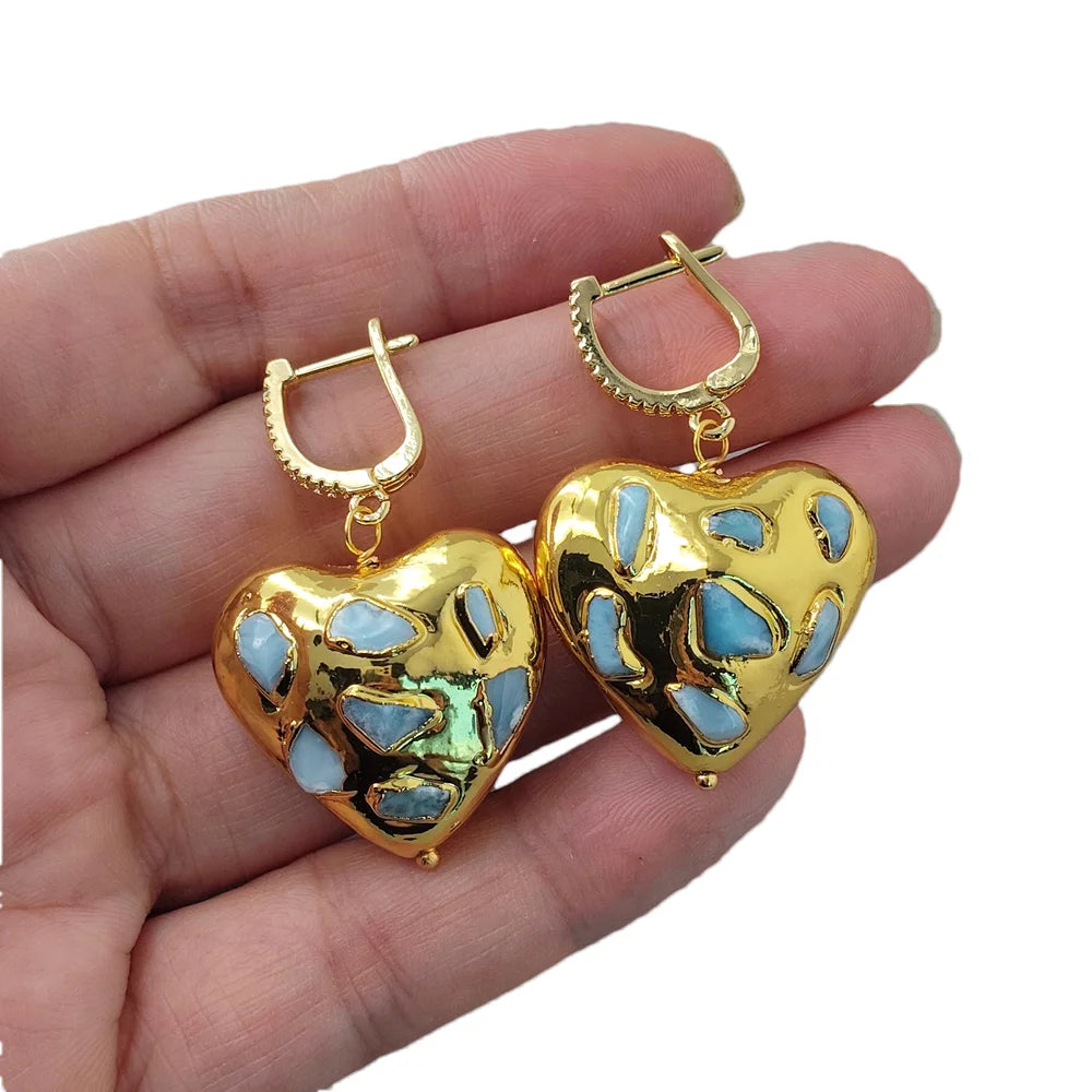 Natural Gemstone Blue Larimar Heart Metal Plated Drop Lever Back Earrings Handmade Jewelry