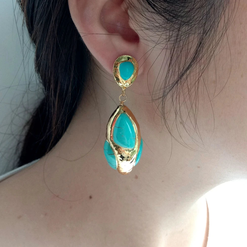 17x33MM Blue Turquoise Yellow Gold Plated stud Earrings