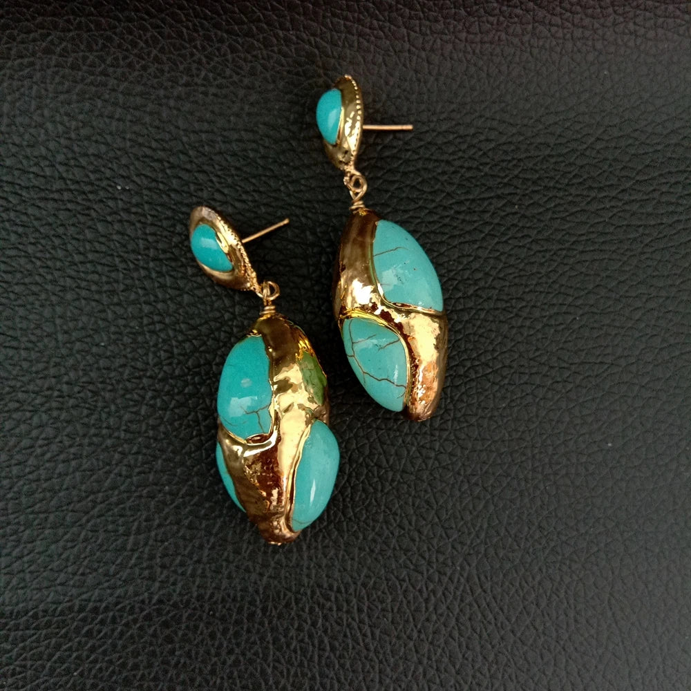 17x33MM Blue Turquoise Yellow Gold Plated stud Earrings