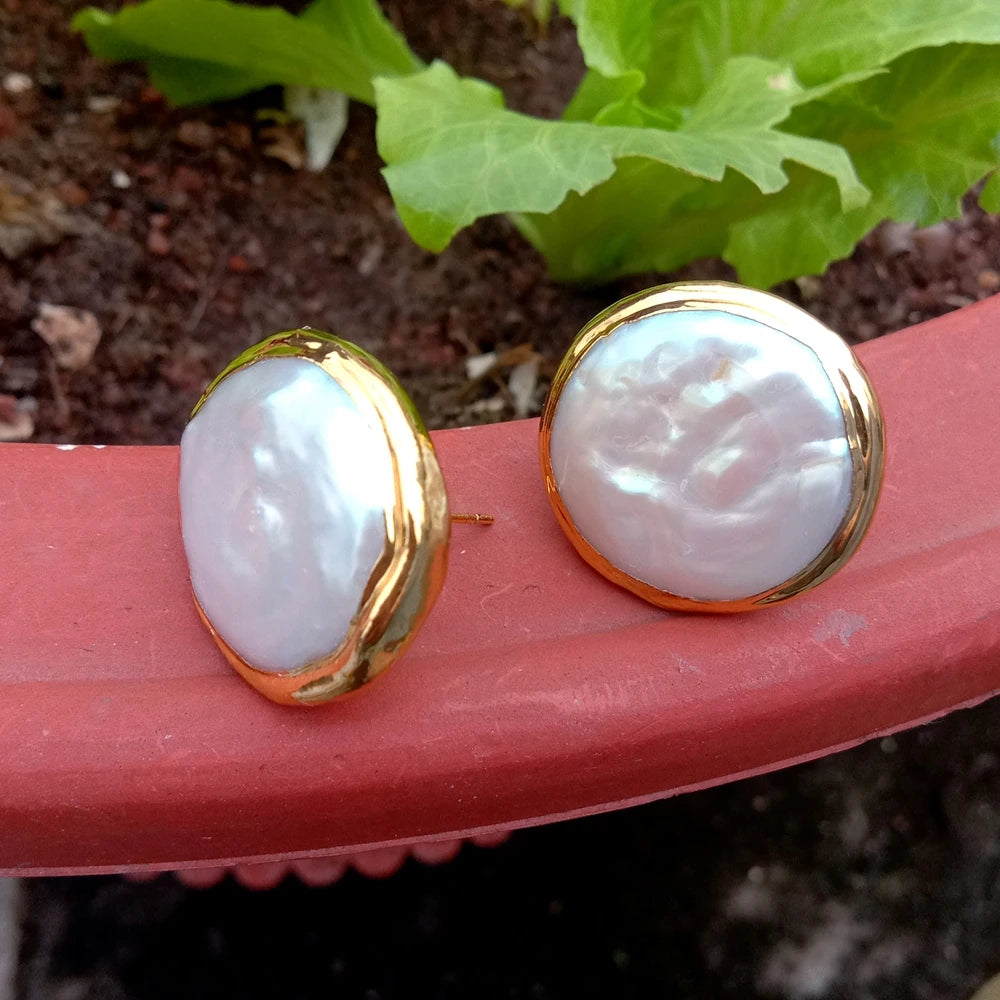 Cultured White Coin Pearl 25mm Big Stud Earrings Wedding Jewelry