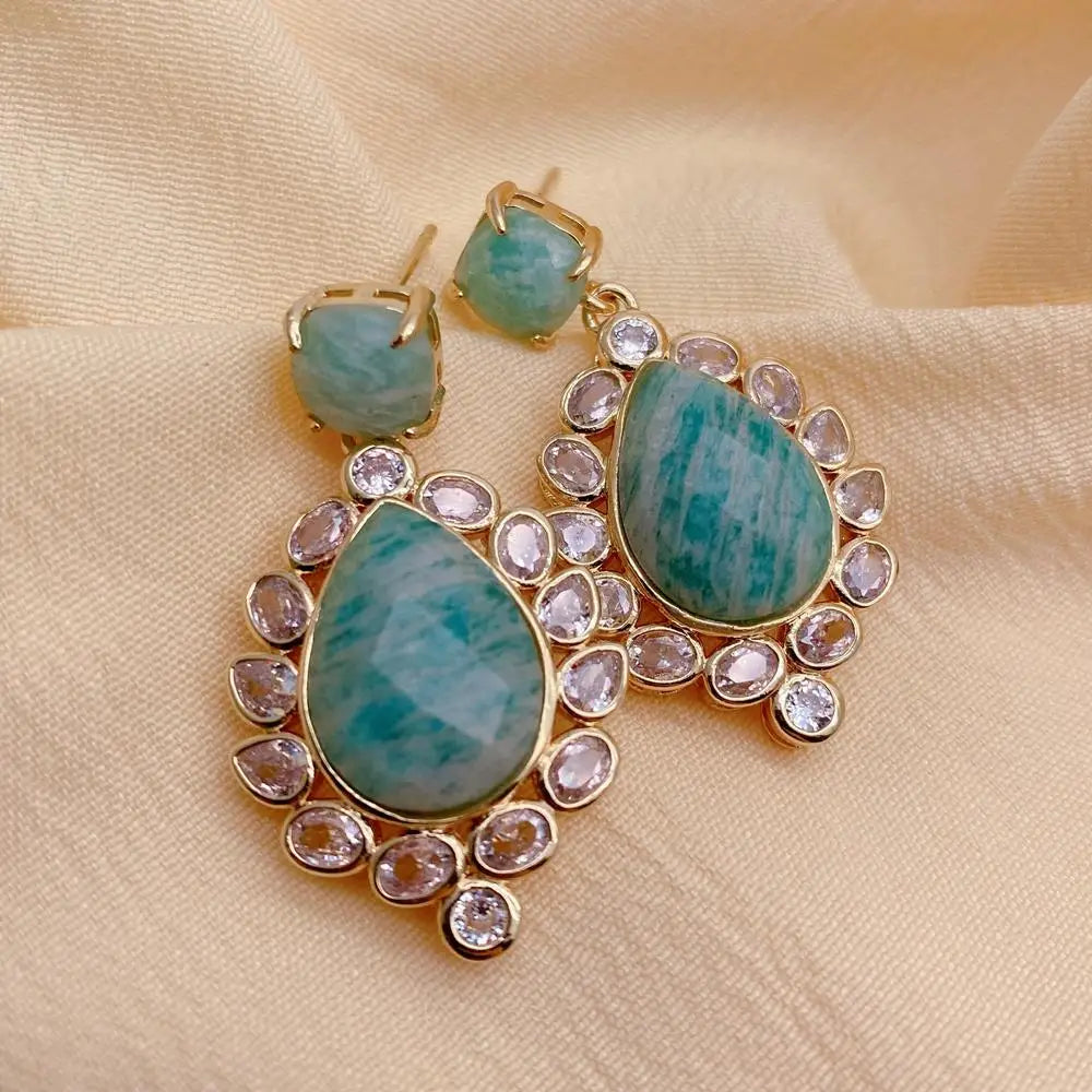 Teardrop Amazonite Dangle Stud Earrings Cz Pave Lady Jewelry Fashion Women Earrings