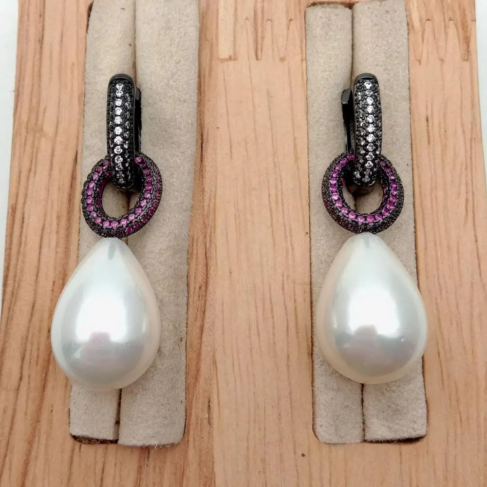 Teardrop White Sea Shell Pearl Red Cz Pave Ring Stud Earrings