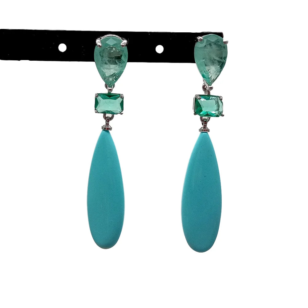 Blue Turquoise teardrop Green Crystal pave  Stud Earrings
