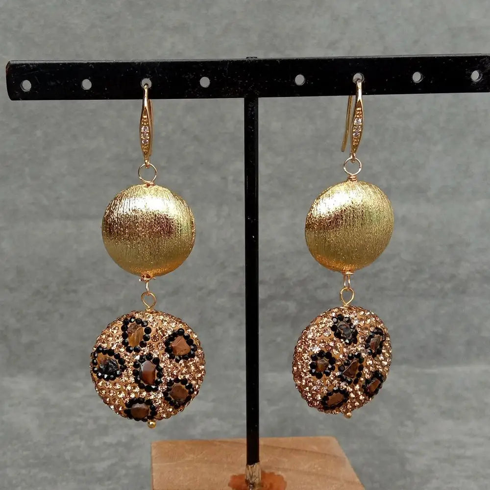 Tiger Eye Crystal Pave Brushed Coin Bead Drop Long Earrings Handmade Jewelry For Women