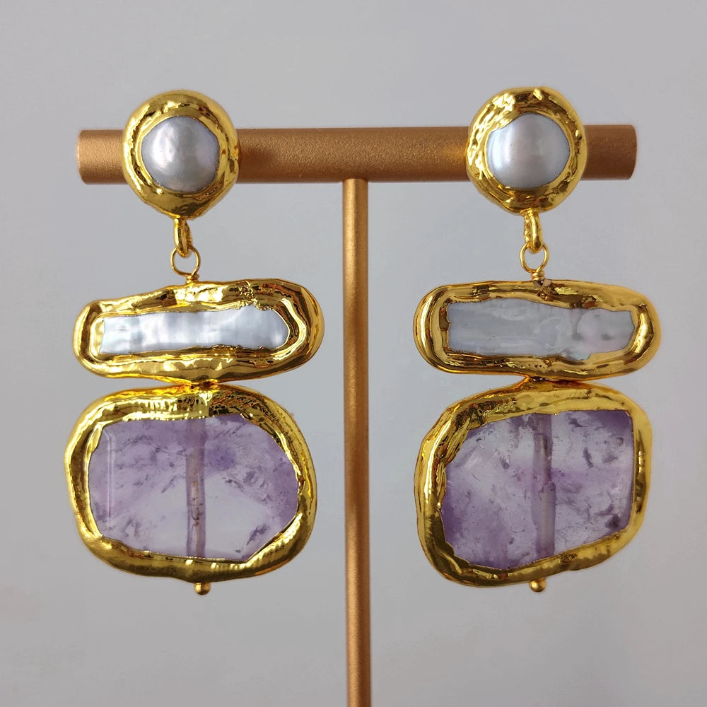 Cultured White Biwa Pearl Amethyst Chunk Stud Drop Earrings Handmade