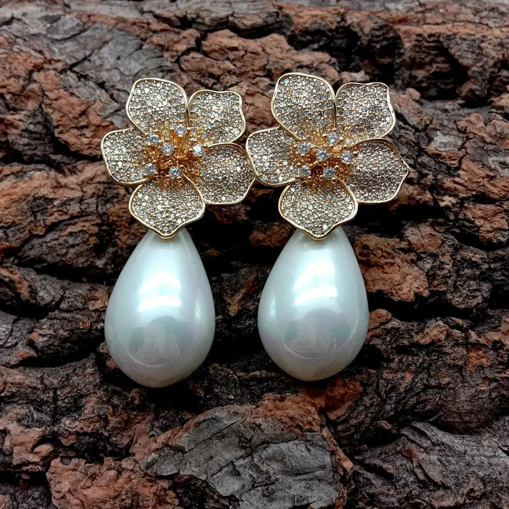 White Sea Shell Pearl Teardrop Shape Drop Earrings Handmade Stud Earring For Women Party Wedding