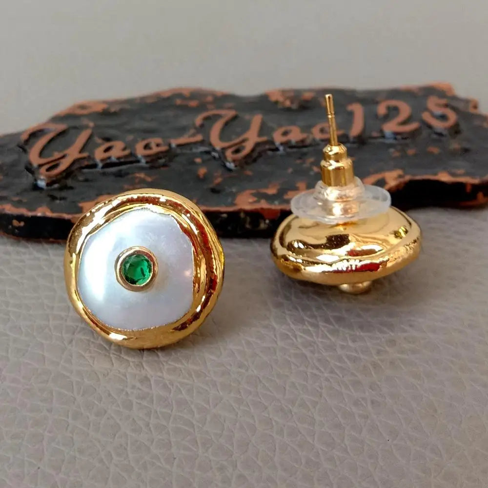 16mm Freshwater White Coin Pearl 24 K Gold Plated Stud Green Cz Earrings