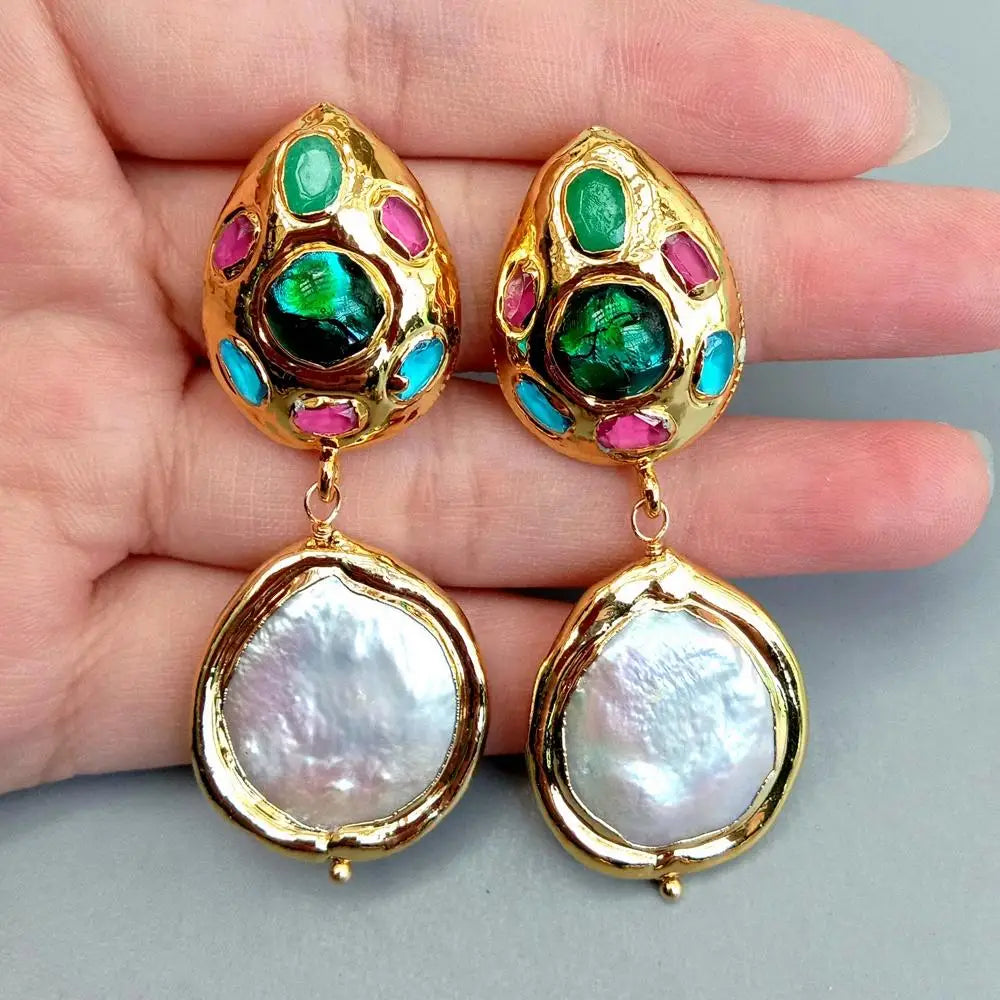 Cultured Pearl Murano Glass Drop Stud Earrings Gold Plated Dangle Earring Women Jewelry