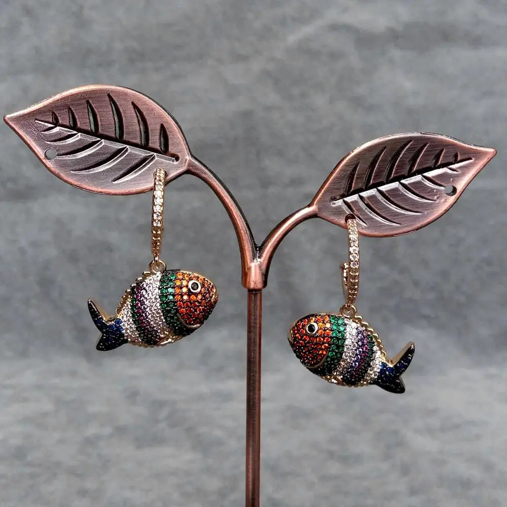 Rainbow Cubic Zirconia Pave Fish Shape Earrings For Women Drop Earrings Elegant Party Wedding Jewelry Gift