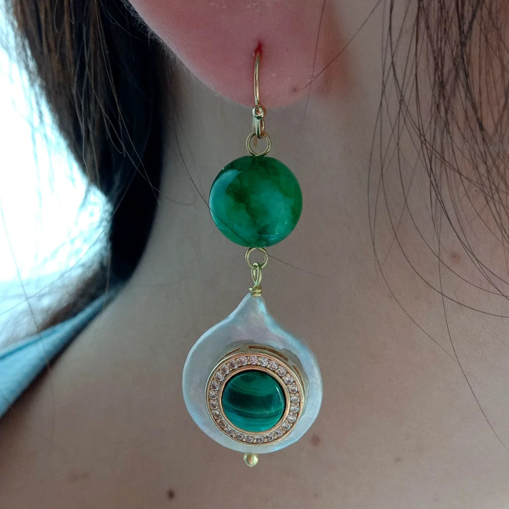 Cultured White CoinPearl Green Jade CZ Pave Malachite Hook Earrings
