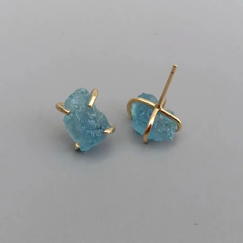 Blue Aquamarine Rough Stud Earrings