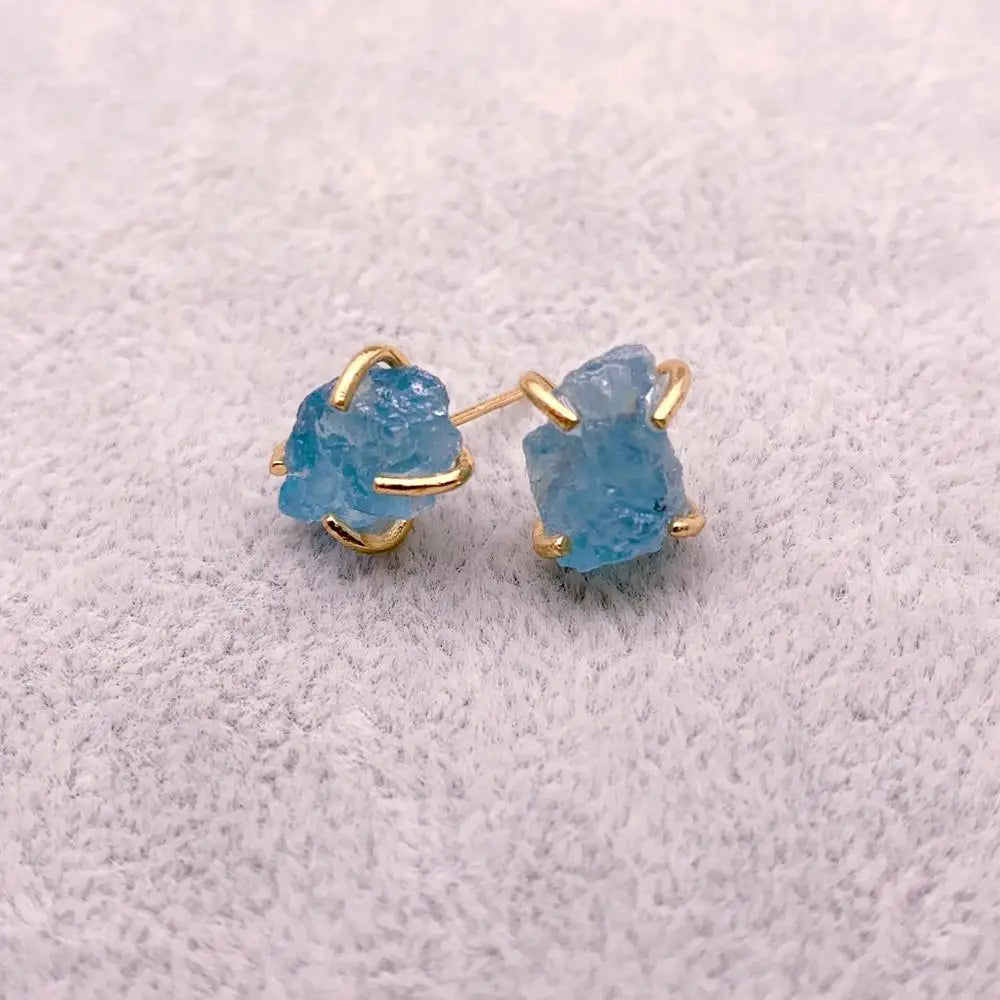 Blue Aquamarine Rough Stud Earrings